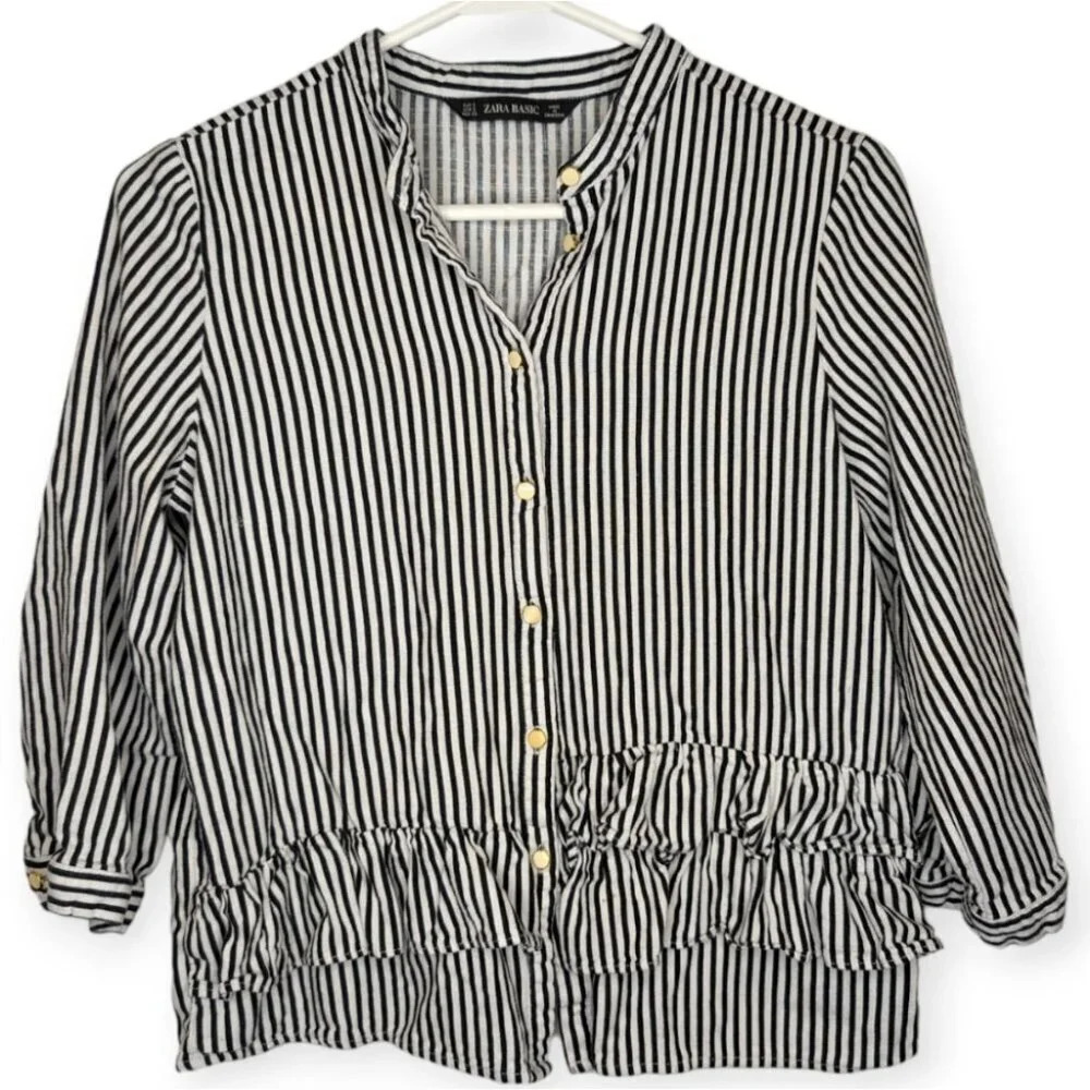 Zara Basic Black & White Gold Cream Button Down Front Ruffle Top Women Small